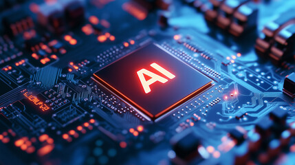 Close up of a high tech computer chip, test "AI" in the middle of the chip. High end technology. Close up of a semiconductor. Future technology. Future becoming reality.