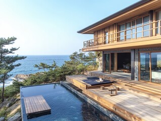 Fototapeta premium A modern wooden home with a beautiful ocean view