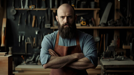 Serious woodworker standing with crossed arms, showcasing craftsmanship in detailed workshop environment