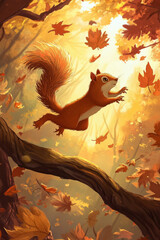 Illustration of a playful squirrel jumping from branch to branch in a lush forest, with vibrant autumn leaves swirling around it. The warm colors of fall and the energetic motion of the squirrel bring