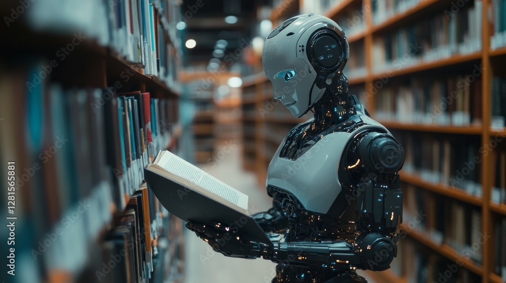 Poster in a vast library, a sophisticated robot carefully flips through the pages of a book, showcasing the