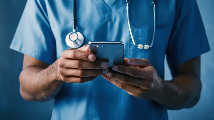 A healthcare professional in scrubs engages with a smartphone, illustrating the integration of technology in medical practice for enhanced communication and patient care.