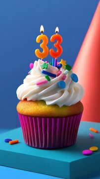 33th birthday. Colored cupcake with whipped cream, sprinkles. candles number 33