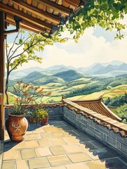 Fototapeta premium The terrace of the house with the view of the mountains