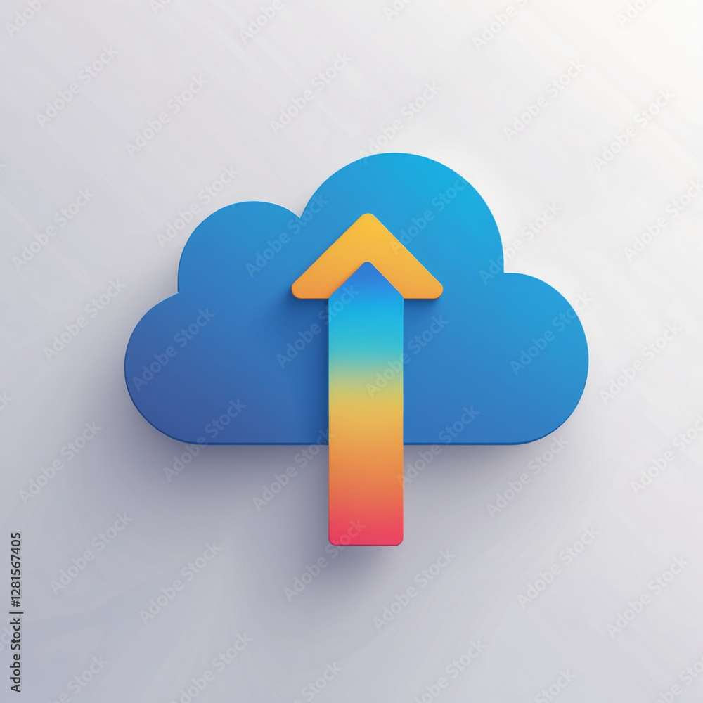 Poster cloud upload icon – data storage, backup, and file transfer concept – blue cloud with arrow symboliz