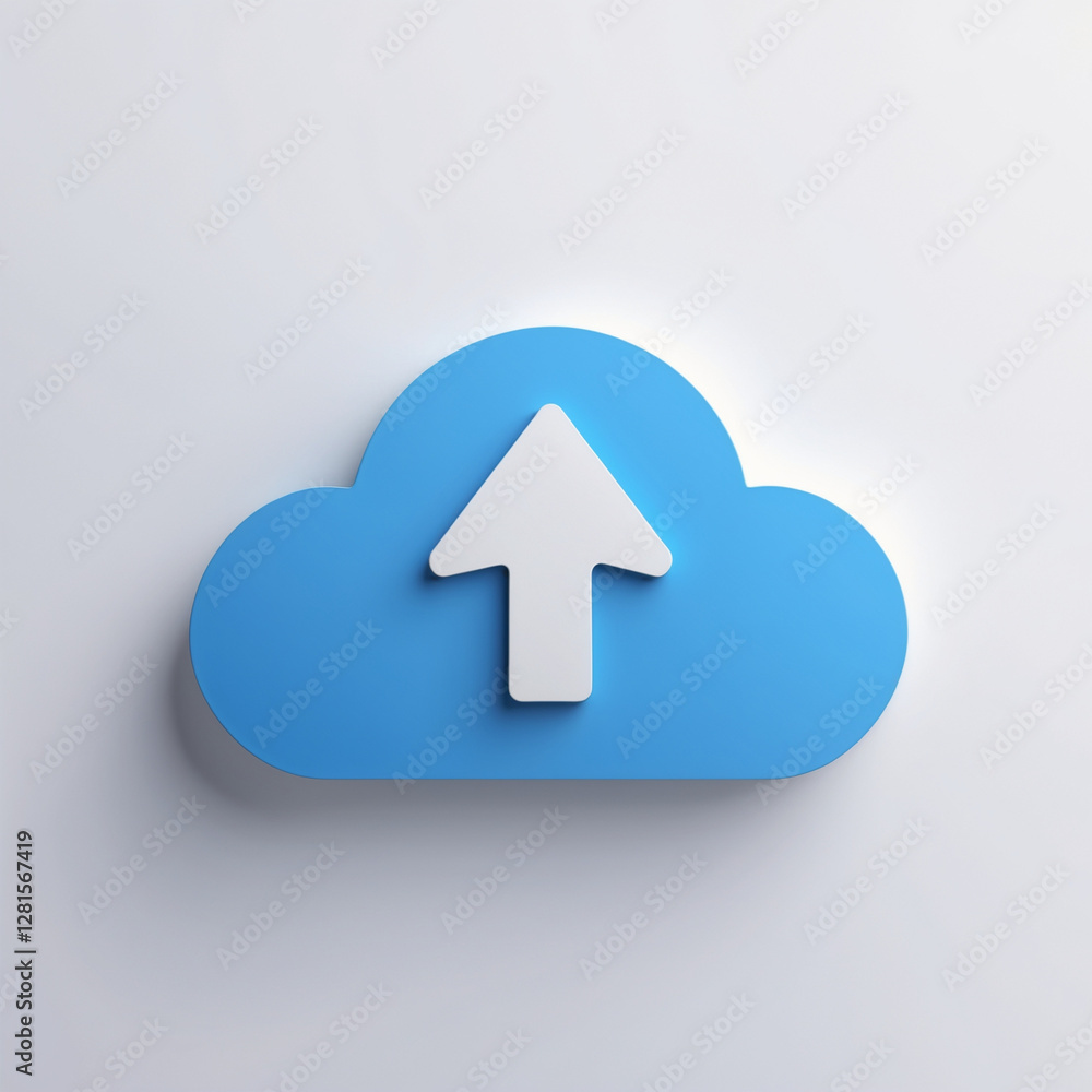 Poster cloud upload icon – data storage, backup, and file transfer concept – blue cloud with arrow symboliz