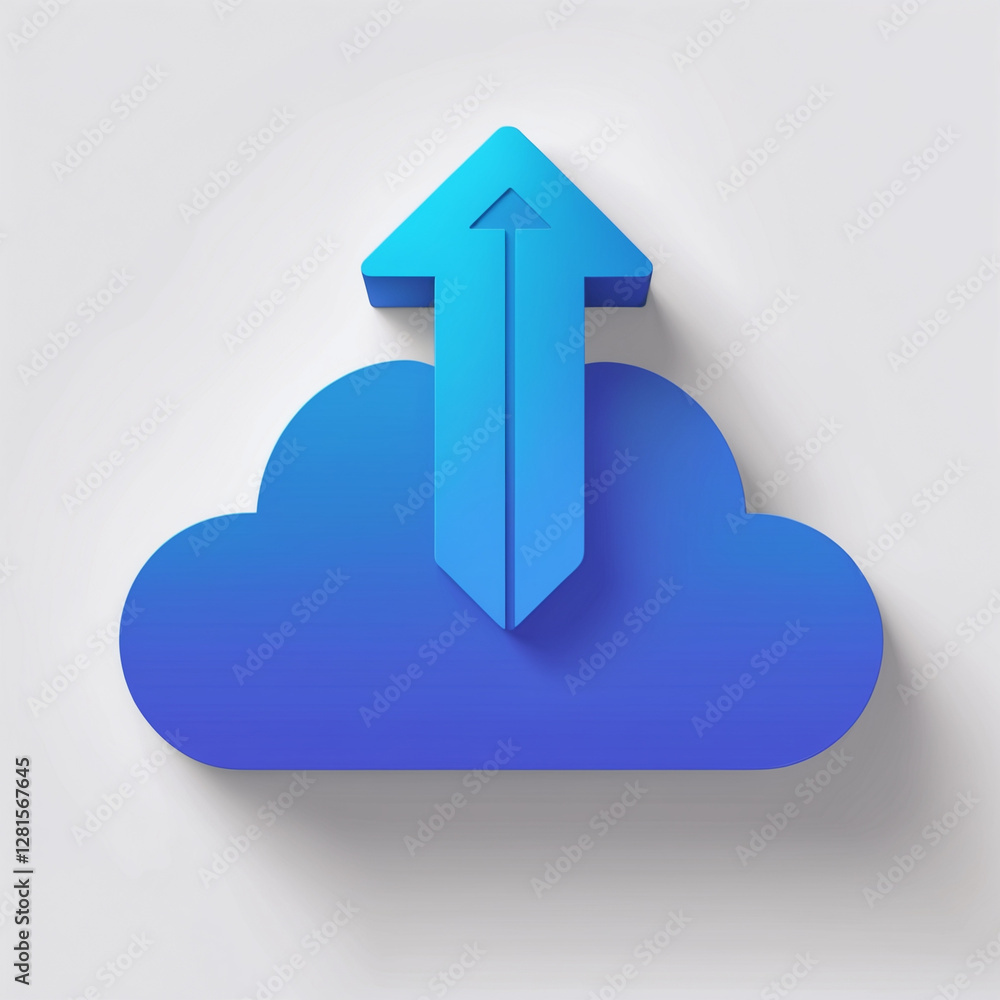 Poster cloud upload icon – data storage, backup, and file transfer concept – blue cloud with arrow symboliz