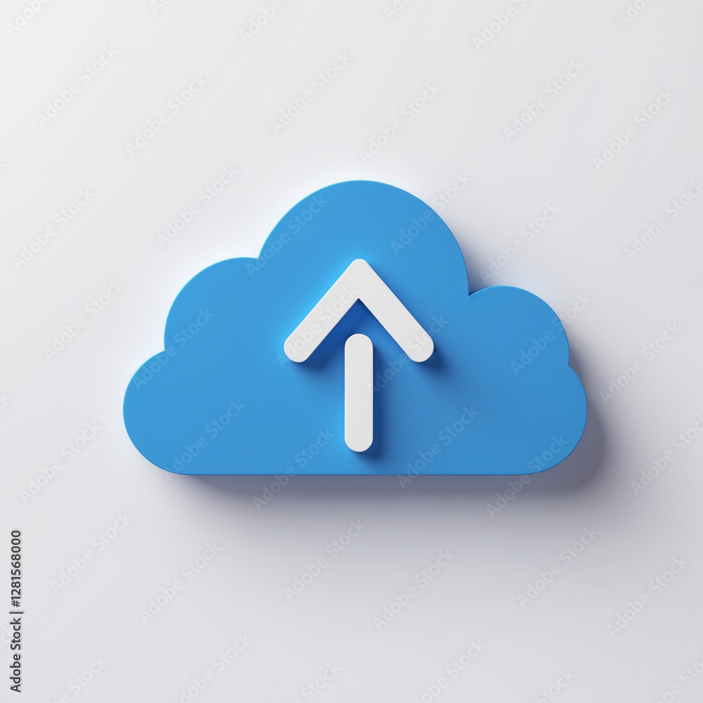 Poster cloud upload icon – data storage, backup, and file transfer concept – blue cloud with arrow symboliz