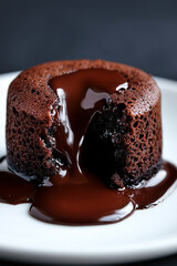 Extreme close-up of a chocolate lava cake oozing on a white plate, creating a tempting and indulgent dessert