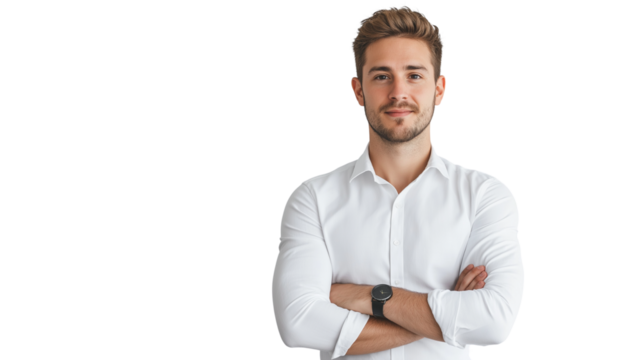 Online store owner, stylish modern entrepreneur, smart-casual attire, looking confidently at the camera, white background, isolated PNG