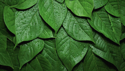Fototapeta premium top view green leaves with raindrops