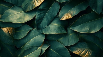 Obraz premium Luxurious tropical leaves pattern with detailed monstera and banana leaves, rich wallpaper design in deep green hues with subtle gold accents 