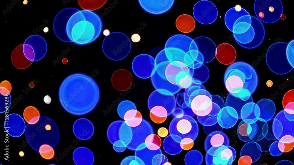 Poster multicolored bokeh lights in shades of blue and red against a dark background. abstract pattern and 
