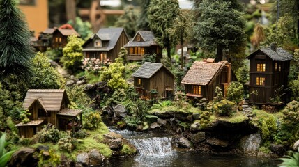 Tiny riverside village with miniature wooden homes, lush trees, and a flowing stream creating a serene setting.