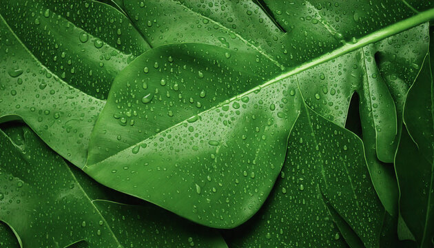 top view green leaves with raindrops