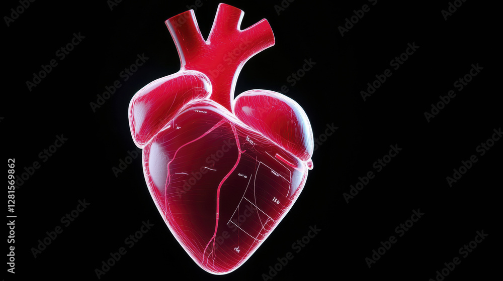 Poster hyper detailed 3d rendering of human heart, showcasing intricate structures and vibrant colors, emph