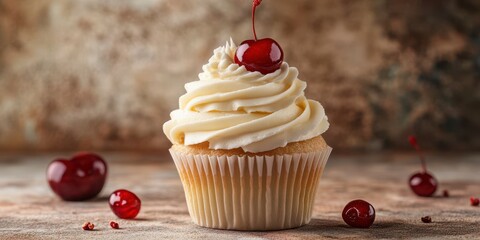 Delicious cupcake topped with creamy frosting and cherry on a rustic background