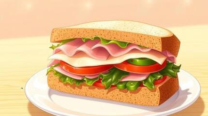 Cartoon Ham and Cheese Sandwich, Classic American Comfort Food, Anime Style

