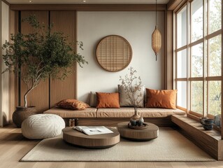 A tranquil interior design is showcased by a cozy living space