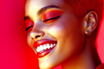 Short haircut - red hair. Commercial digital ads visual idea. Stunning smiling mixed-race girl - for ads, flyer and internet marketing use. African model trends. Vibrant glam portraits.