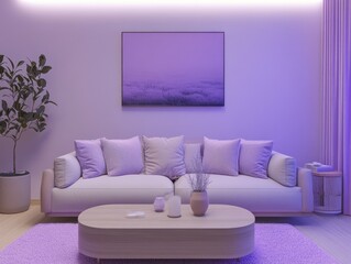 A cozy and modern living room setting lit in a soft purple hue