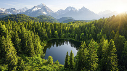 Fototapeta premium Majestic mountains surround serene lake, nestled in lush green forests