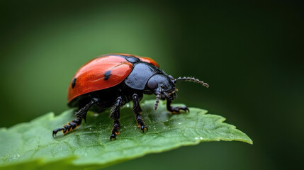 Naklejka premium vibrant red beetle on green leaf in nature