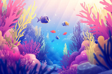 Illustration of a school of fish swimming through a colorful coral reef. The fish move gracefully through the water, surrounded by vibrant coral and sea plants, creating a peaceful and dynamic