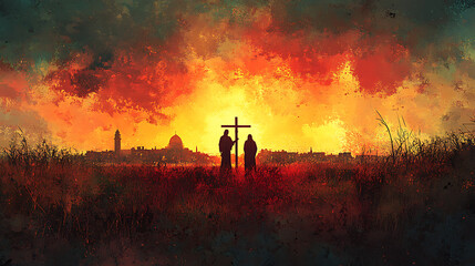 Fototapeta premium A sorrowful scene of Jesus on the cross, flanked by two disciples, a vast field leading to Jerusalem’s skyline, Herod’s castle standing tall, vibrant sunset casting dramatic light and shadows,