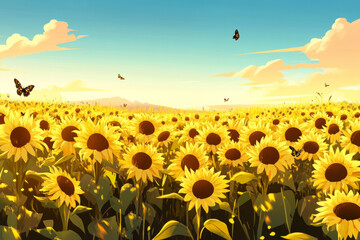 Fototapeta premium Illustration of a vast sunflower field stretching to the horizon, bathed in the warm golden light of late afternoon. A soft breeze sways the tall flowers, creating a mesmerizing wave like motion,