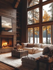 A cozy cabin living room with a roaring fireplace