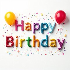 Colorful "Happy Birthday" lettering with confetti and balloons on a white background, greeting card, festive