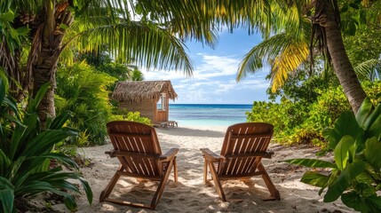 Fototapeta premium Tropical paradise scene with wooden beach chairs arranged near a cozy beachside hut, framed by palm trees and lush vegetation.