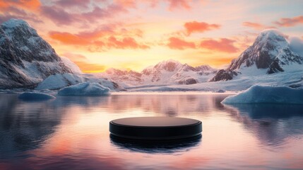 Black Platform on Calm Glacial Lake at Sunset