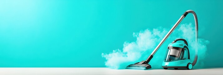 Modern Vacuum Cleaner with Steam Function on Turquoise Background, Cleaning Concept