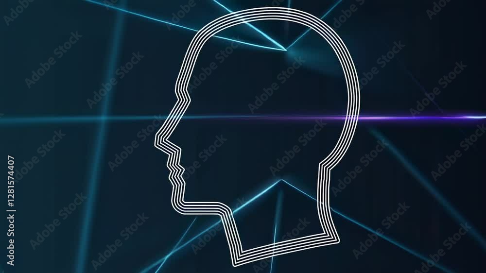 Poster light beams intersect a human head outline on a dark blue background, creating a technological and f