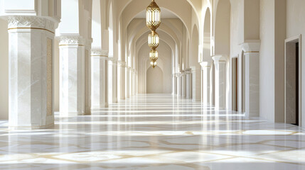 Fototapeta premium stunning corridor with elegant arches and ornate lanterns, showcasing luxurious marble flooring and serene atmosphere