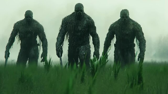 Mysterious figures covered in foliage walking through a foggy landscape at dawn