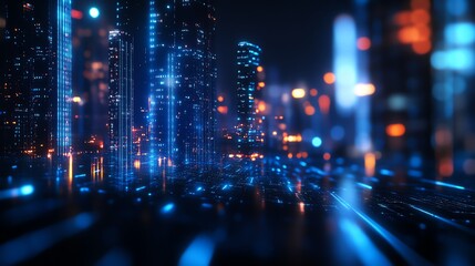 Fototapeta premium Futuristic cityscape with glowing skyscrapers.