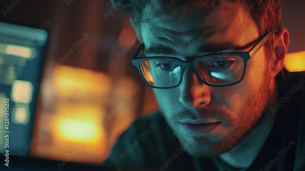 Poster software developer focusing intently on coding project, illuminated by vibrant ambient lighting in d
