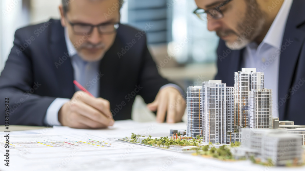 Poster two project managers discussing architectural plans with model building