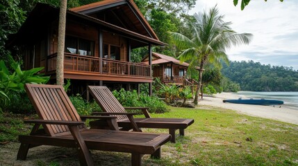 Two wooden recliners facing the sea, placed under the shade of a palm tree, beachside cabin in the background.