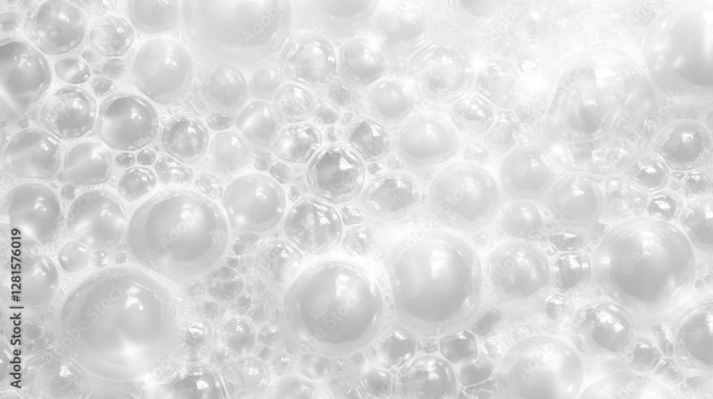 Poster A delicate arrangement of abstract white soap foam bubbles creates a mesmerizing texture. Light reflects softly, enhancing the whimsical appearance of each bubble in a serene setting.