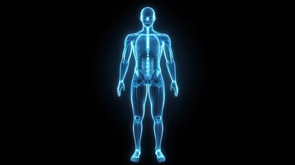 A glowing outline of a human body on a futuristic digital screen.