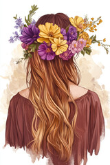 Naklejka premium Illustration of a stylish floral headband with vibrant blooms in shades of purple, yellow, and pink, placed atop a bohemian style outfit. The delicate flowers and earthy tones add a whimsical touch to