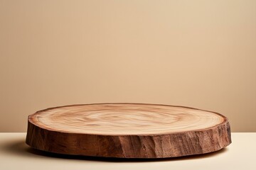 Wooden Slice Display Stand on Beige Background
