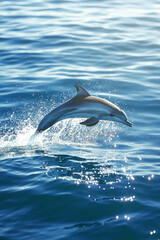 Fototapeta premium Illustration of a playful dolphin leaping through the waves in a bright blue ocean. The sunlight reflects off the water, creating sparkles around the dolphin as it enjoys its playful freedom in the
