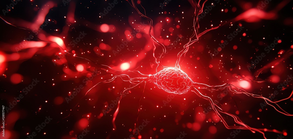 Poster detailed depiction of a neuron with glowing red connections and particles.