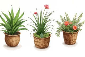 Fototapeta premium Decorative Plants in Woven Baskets - Illustration of Houseplants
