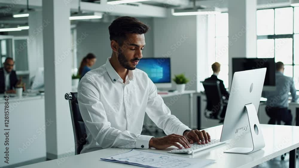 Aufkleber Professional engineer concentrating on complex project, working intently at computer in sleek modern office environment, capturing focused workflow through dynamic slow motion frames